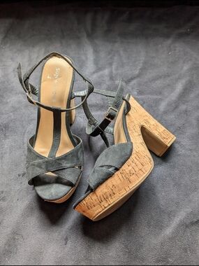 Sun + Shore Black Suede Cork Platform Block Heel Sandals